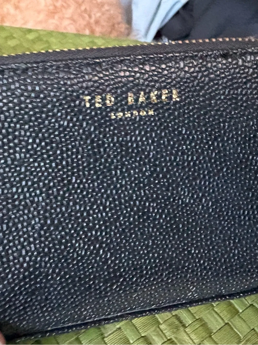 Ted Baker Black Pebbled Leather Lipstick Bag Gold Logo